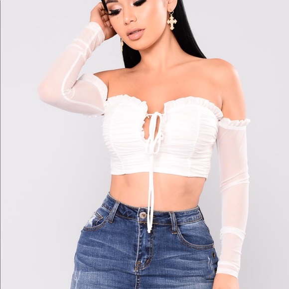 white mesh off the shoulder top